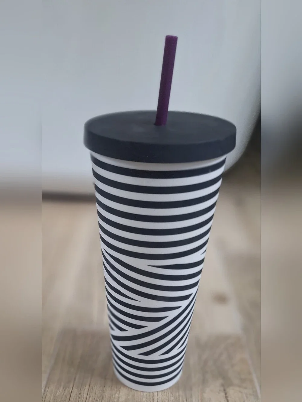 Starbucks Black & White Striped Tumbler with Purple Straw
